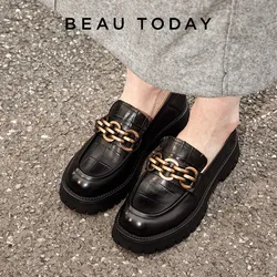 BeauToday Loafers for Women Genuine Cow Leather Round Toe Metal Chain Slip-on Ladies Platform Shoes Handmade I27748