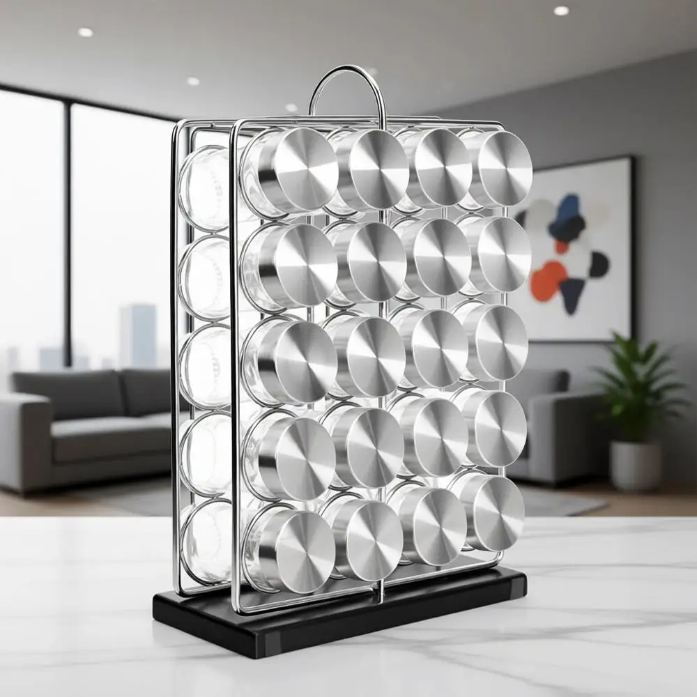 

Space-Saving Silver Kitchen Spice Rack Organizer with Glass Jars