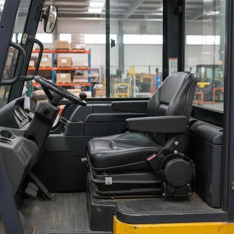 

Universal Foldable Operator Chair 19"x19"x21" For Excavator Forklift Tractor, Retractable Safety Belt Armrest Adjustable Backrest Heavy Duty Vinyl Construction Black Finish