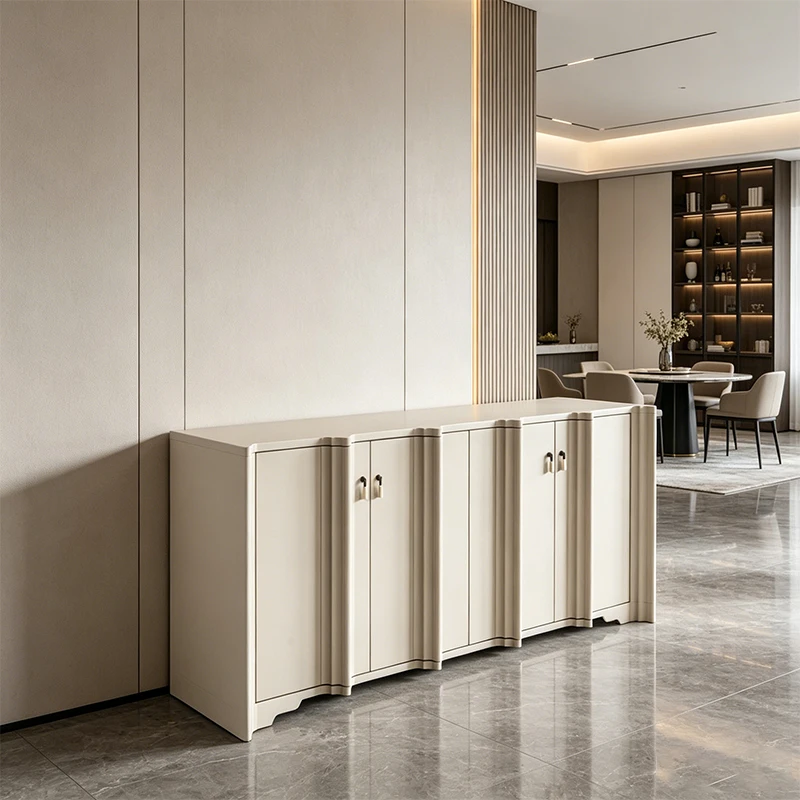 Modern style creamy white groove decorative side cabinet, 4 doors simple buffet table, suitable for living room dining area