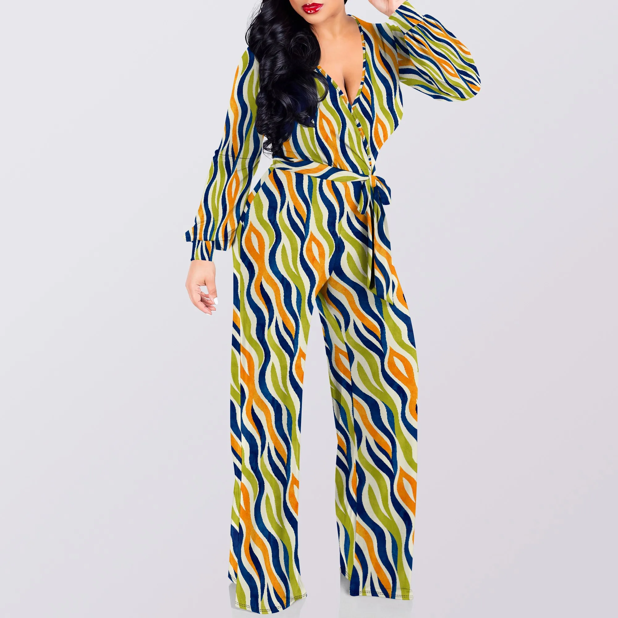 女性の夏の花柄ワイドレッグジャンプスーツカジュアルビーチロンパースロングパンツ