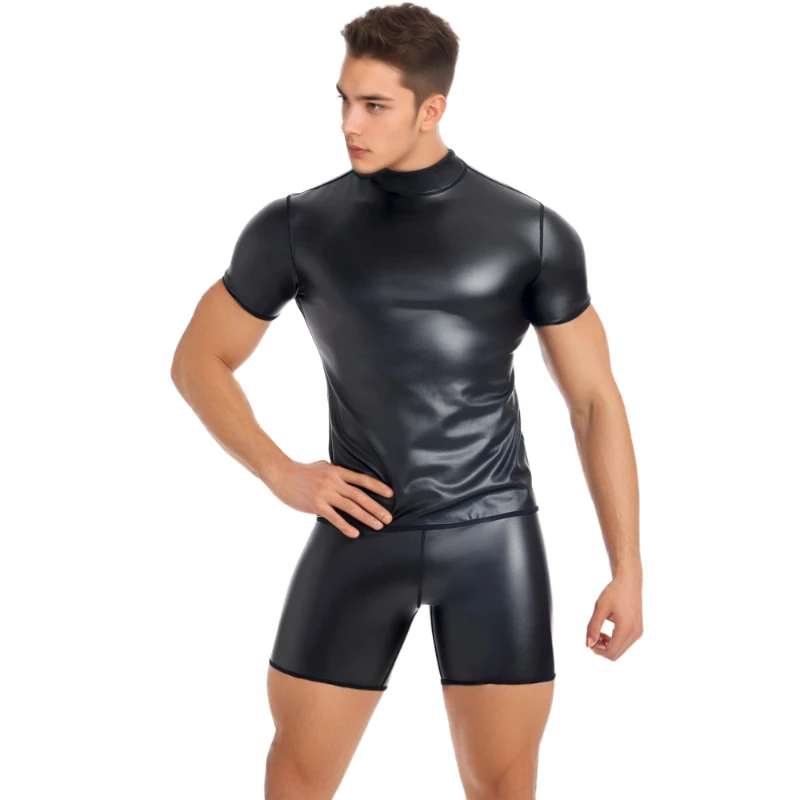 Cool Boy Short Sleeve Leather T-Shirt Slimming Underwear Body Shapers Waist Trainer Corset Tummy Belly Shapewear Leather Shirts