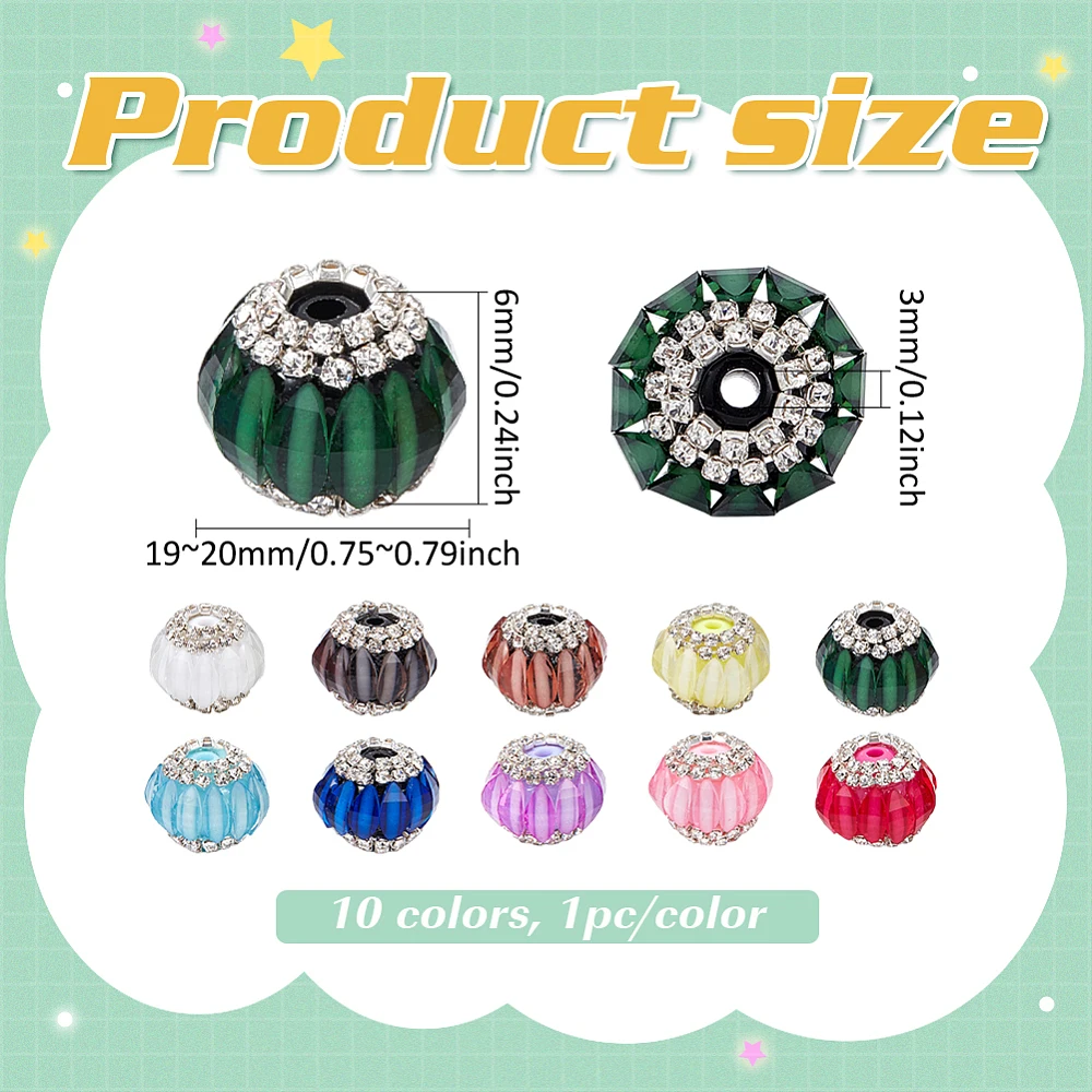 10PCS Acrylic Rhinestone Beads 0.8x0.24 inch 10 Colors Lantern Shape Beads for Jewelry Making Supplies Craft Bead 3mm Hole