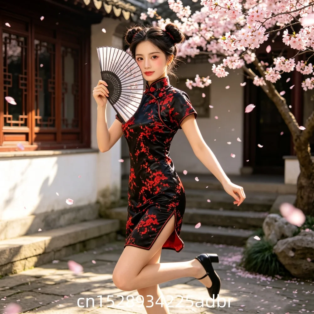 Classic Chinese Style Dress Female Qipao Sexy Short Sleeve Mini Cheongsam Elegant Jacquard Flower Traditional Clothing Y2K Qipao