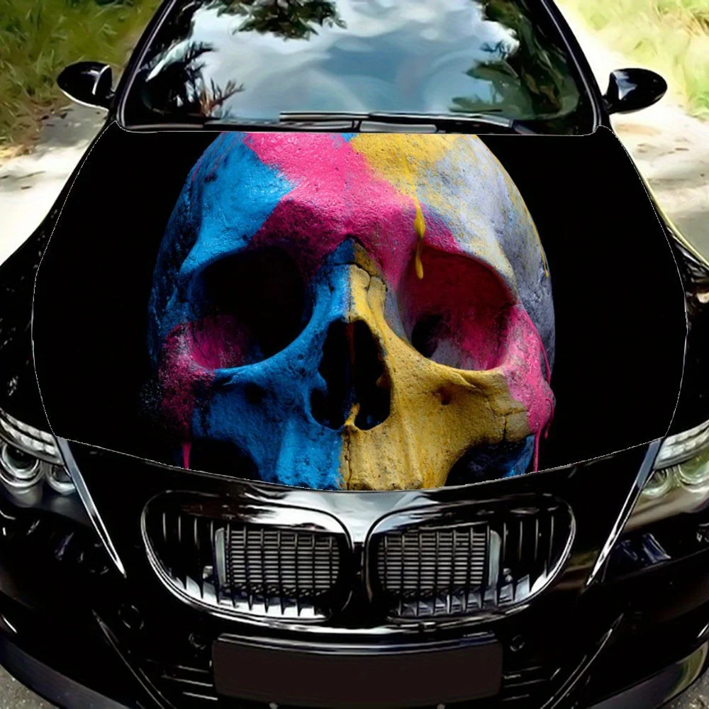 

Красочный принт черепа, наклейки на капот автомобиля, водонепроницаемая самоклеящаяся наклейка на капот автомобиля из ПВХ, защитные наклейки для украшения капота автомобиля, Aut