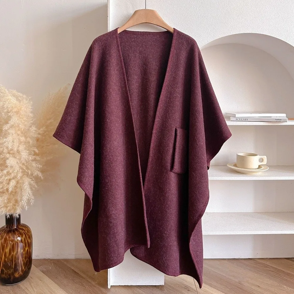 Retro Solid Color Cape Shawl Wool Blend Soft Open Cardigan Half Sleeve Loose Fit Fleece Poncho