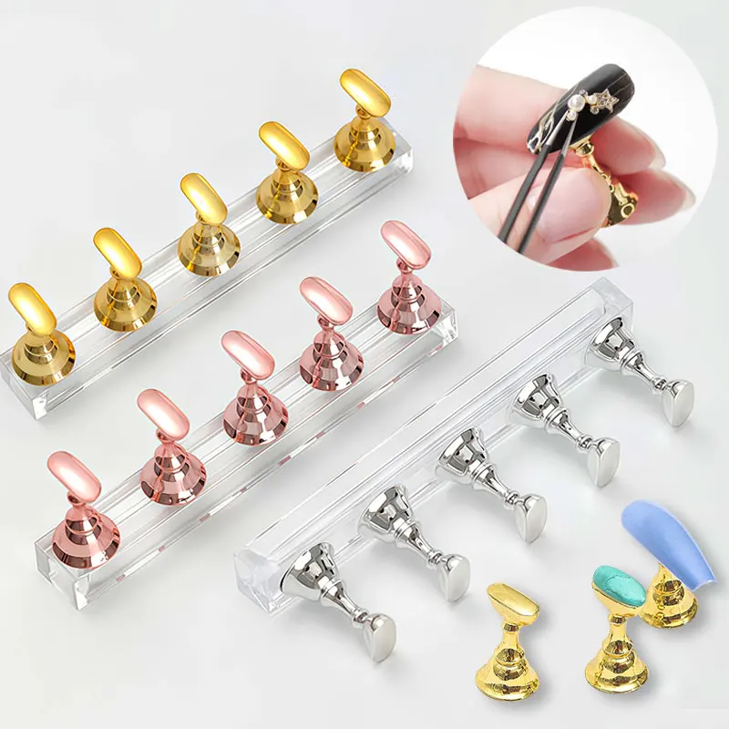 Reusable Multi-color Magnetic False Nail Holder 5Pcs Crystal Base Nail Tip Practice Rack DIY Nail Art Decoration Display Tool
