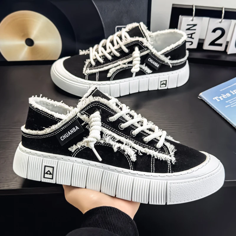 2026 New Summer Men Canvas Shoes,Breathable Thick Sole Casual Skate Sneakers, Slip-On Two-Wear Half Backless Lazy Daily Footwear