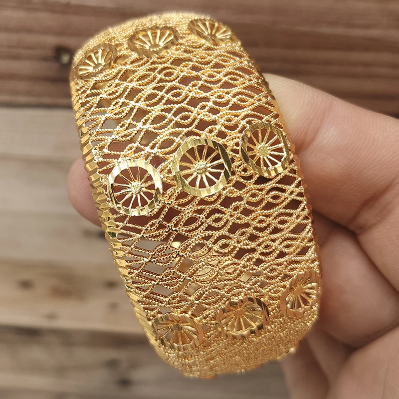 24K Dubai Bangles For Women Saudi Arabia Africa Fashion Gold Color Ethiopian Bride Wedding Bracelet Jewelry Gifts