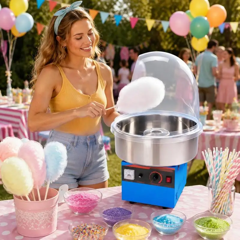 Image of Elektrische Zuckerwattemaschine 1000W, Zuckerwattegerät mit Deckel, Edelstahlschüssel & Zuckerlöffel, Ideal für Karneval, Geburtstage, Familienfeiern, Professionelle Zuckerwattemaschine, Blau
