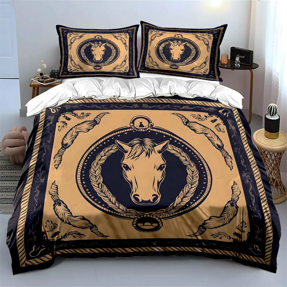 Horse Head Decorative Pattern Printed Duvet Cover Set 1 Duvet Cover+2 Pillowcase Multi Size Bedroom Bedding Decoration