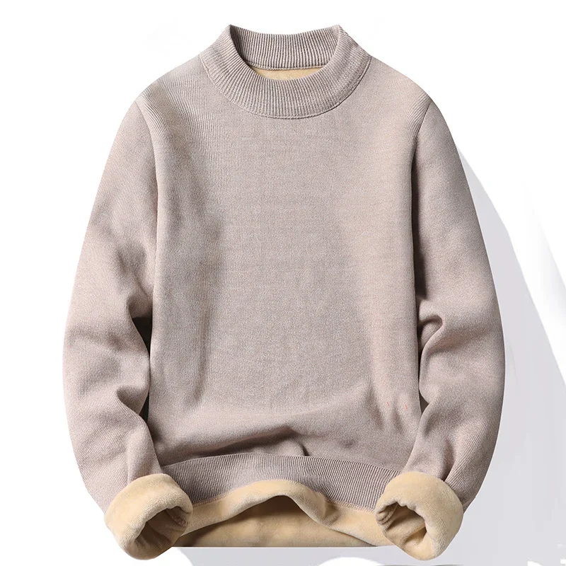 Mens Simple Mock Collar Knitted Top Full Fleece Lining Long Sleeve Warm Pullover Elastic Hem Autumn Casual Knit Outfit