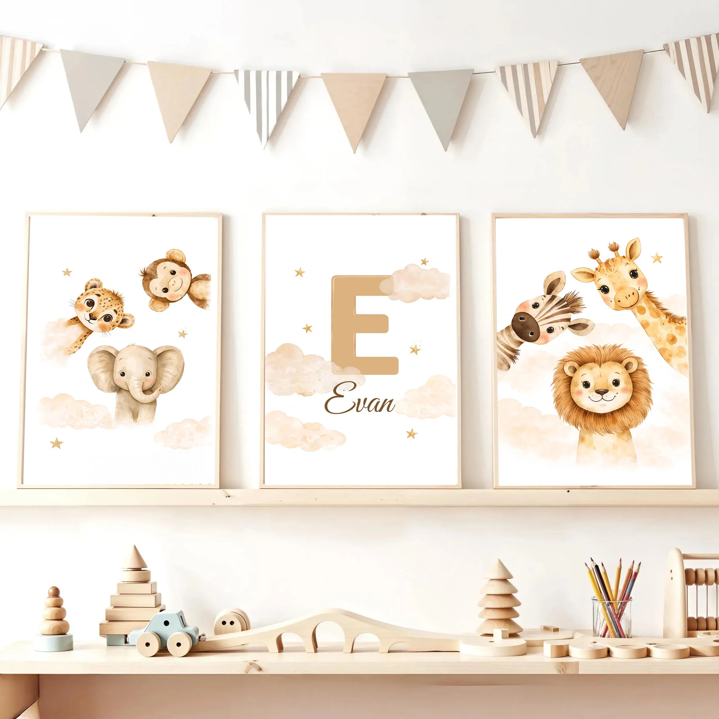 3pcs/set Custom Baby Name Safari Nursery Canvas Print Elephant Leopard Lion Giraffe Animal Wall Art Poster for Modern Home Decor image 3