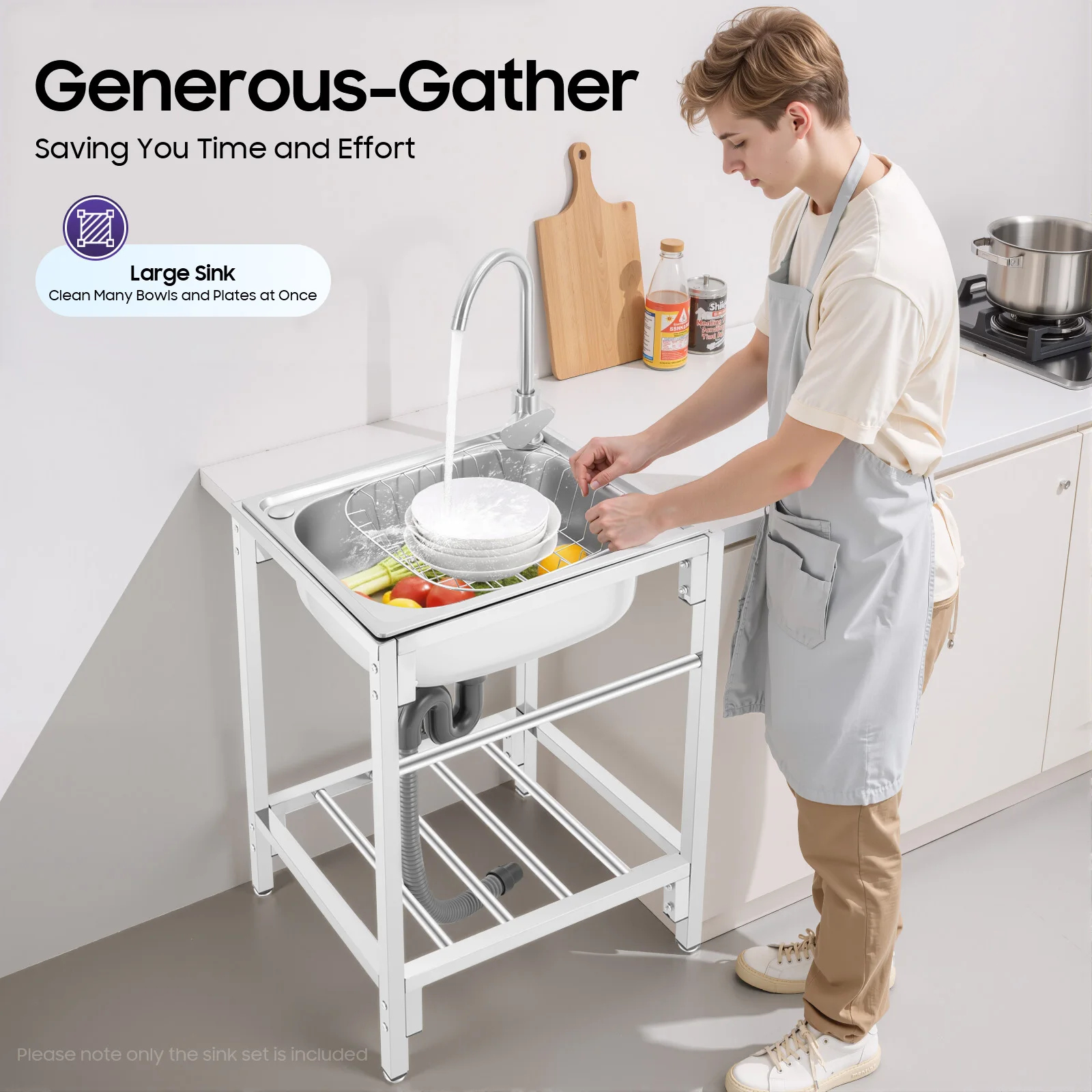 

Stainless Steel Kitchen Counter Top Sink, Single-Bowl Utility Sinks With Faucet, Freestanding Single Basin Kitchen Sink