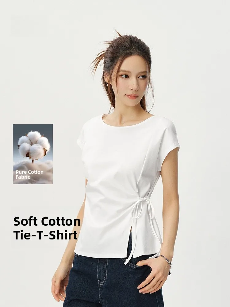 

Летняя женская футболка Semir из чистого хлопка с одним открытым плечом, с узлом и разрезом, мягкая, с длинным рукавом, повседневный модный топ