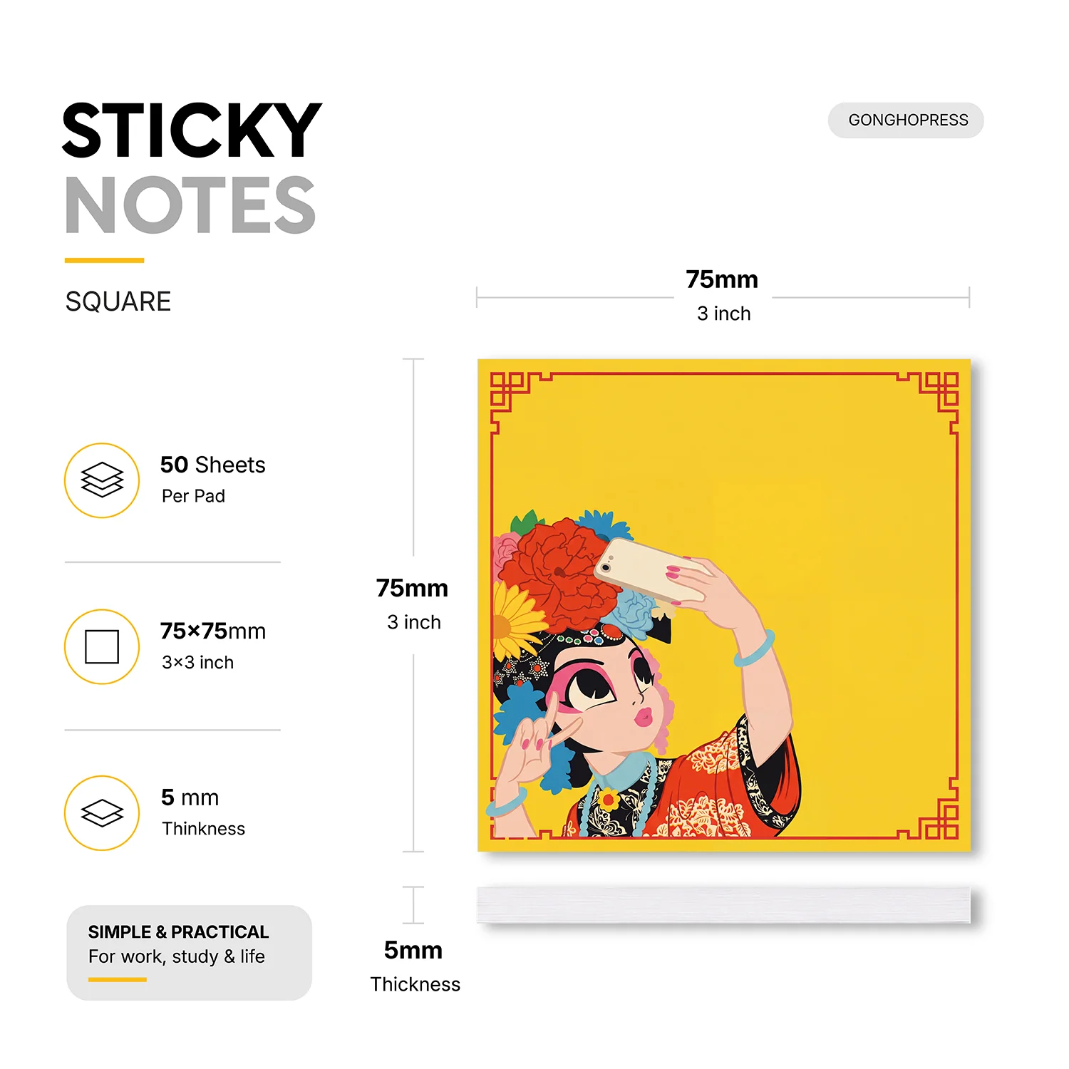 2 pcs Peking Opera Sticky Notes, 100 Sheets Total, Square Self Stick Notes, Decorative Memo Pads, Removable Adhesive Note Pads