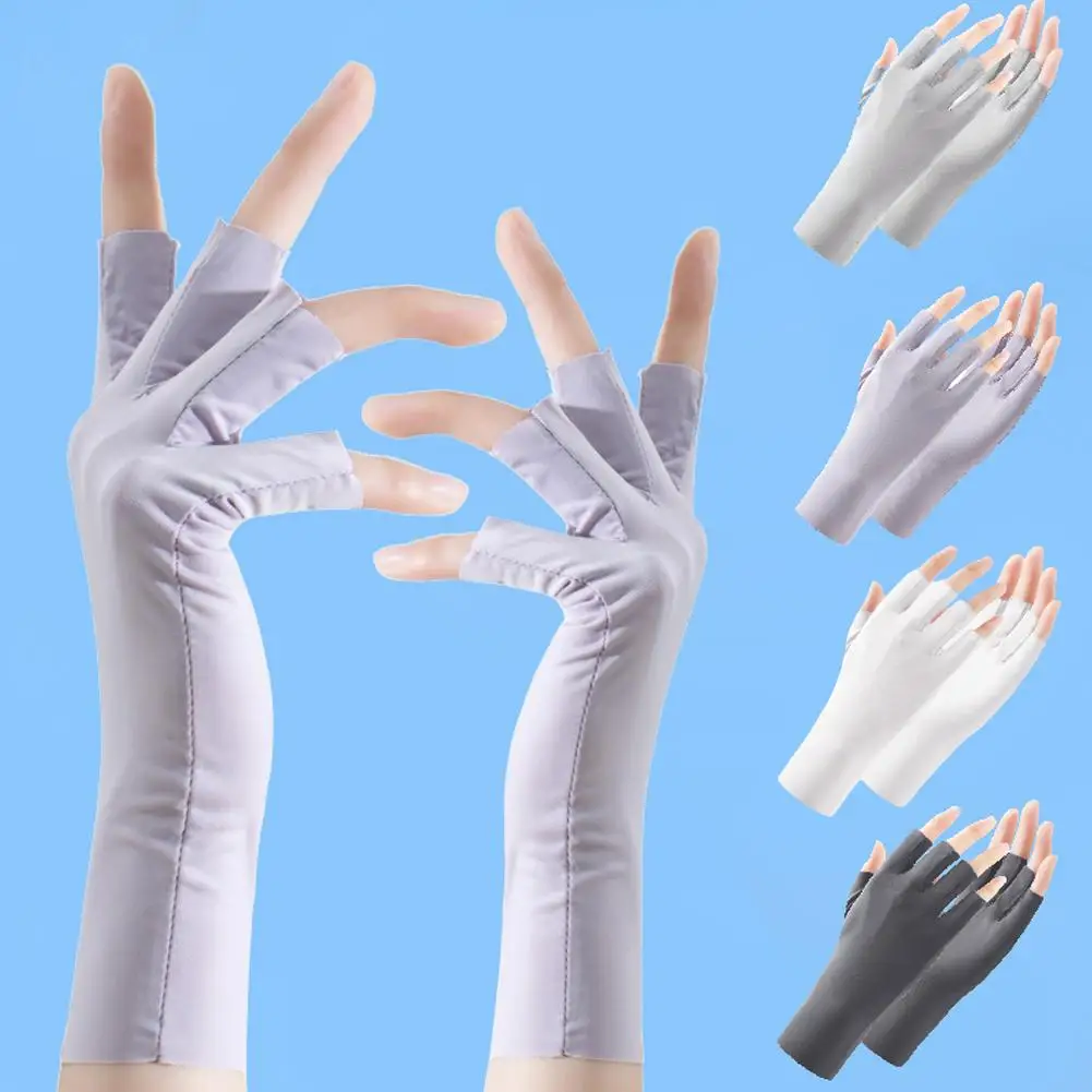 Summer Women's Ice Silk Thin Gloves Fingerless Half-finger Sunscreen Female Riding Gloves Touch Protection Driving UV Scree Y1P9