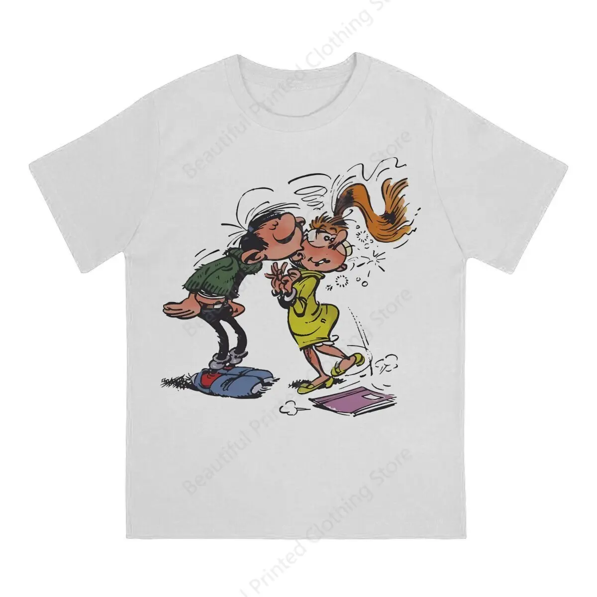 Mens T-Shirt Gaston Lagaffe Anime Funny Printing T-Shirts Loose Crewneck Breathable Tee Cotton Fun Tees