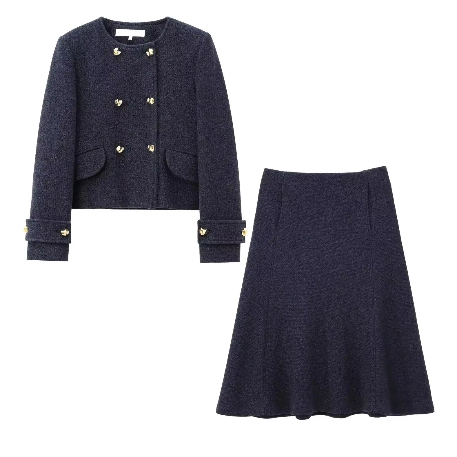 

KONDALA 2025 Fall Women Vintage Black Blend Suits Double-Breasted Jacket+A-Line Zipper Midi Skirt Women Chic Fashion Preppy Set