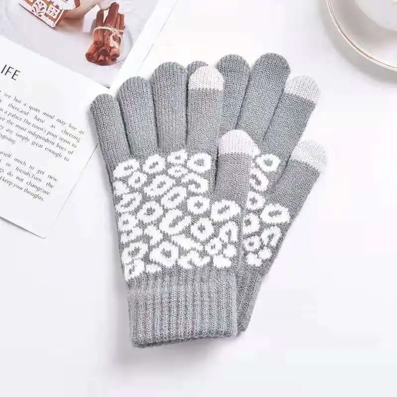 Moda Lepoard Cashmere guanti caldi spessi per le donne guanti Casual invernali per adulti lavorati a maglia guanti traspiranti per le dita del Touch