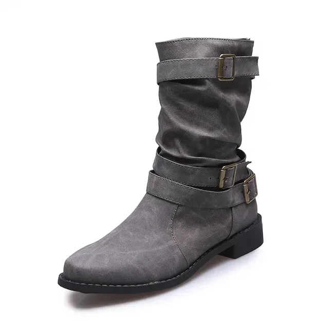 Large Mid Length Retro Boots for Women, 2024 Autumn and Winter New Item, Solid Color Fashion Boots, Buckle Casual Knight Boots