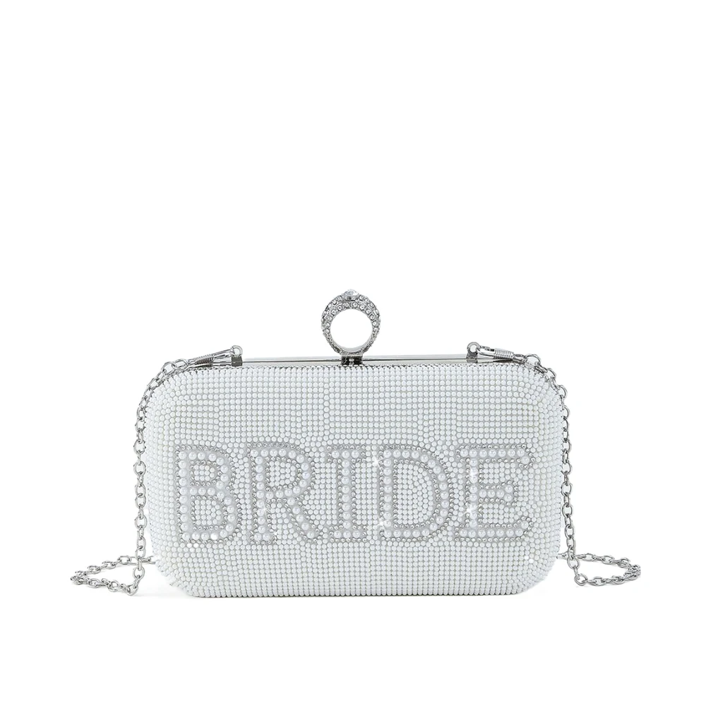 Pearl BRIDE Clutch Purse White Rhinestone Shoulder Handbags Bridal Wedding Evening Bag Ladies Party Decoration MRS Gift Present