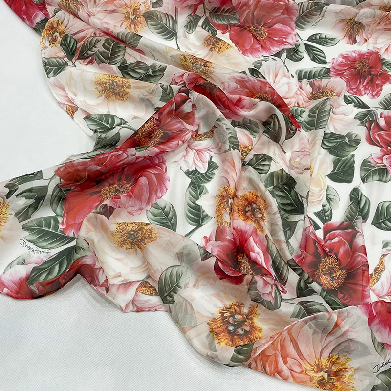 Italian Luxury Brand Letter Peony Print Fabric 100% Polyester Chiffon Fashion Design Fabrics Cloth for Dress by the Meter