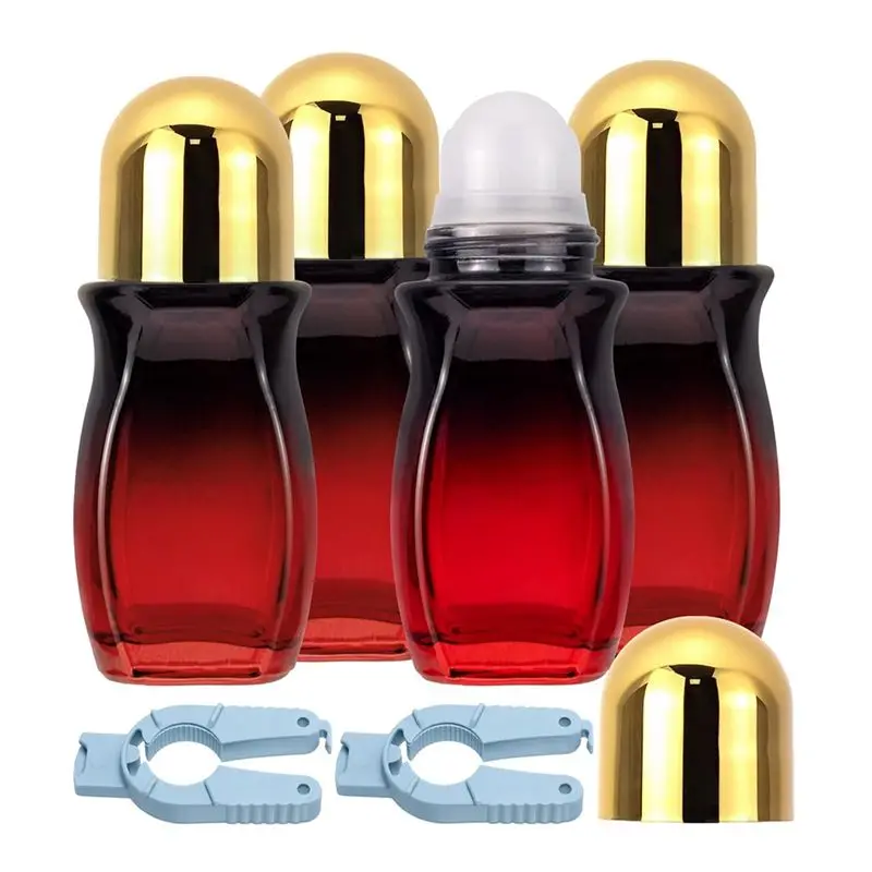 A20F-4Pcs Rollerball Bottles Set 50Ml Gradient Red Glass Deodorant Roller Bottle And Opener Perfume Roll On Bottles