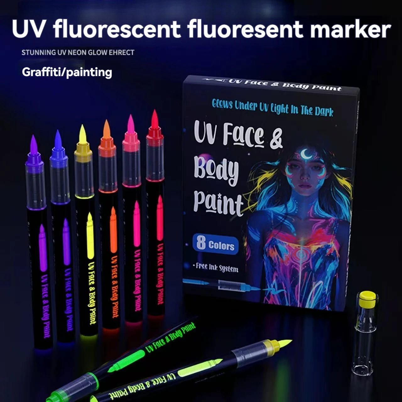 8-Color Uv Fluorescent Markers, Body Fluorescent Paint Pens, Eco-Friendly Washable Liquid Soft-Tip Tattoo Pens, Festival Escape Room Party Skin Painting Graffiti Fluorescent Pens