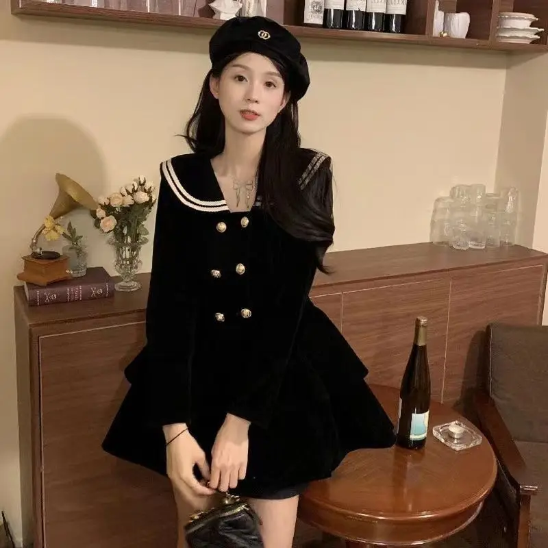 

New Fashion Sweet Design Women Dresses Preppy Style Sailor Neck Button Black Dresses Niche French Mini Dresses Female