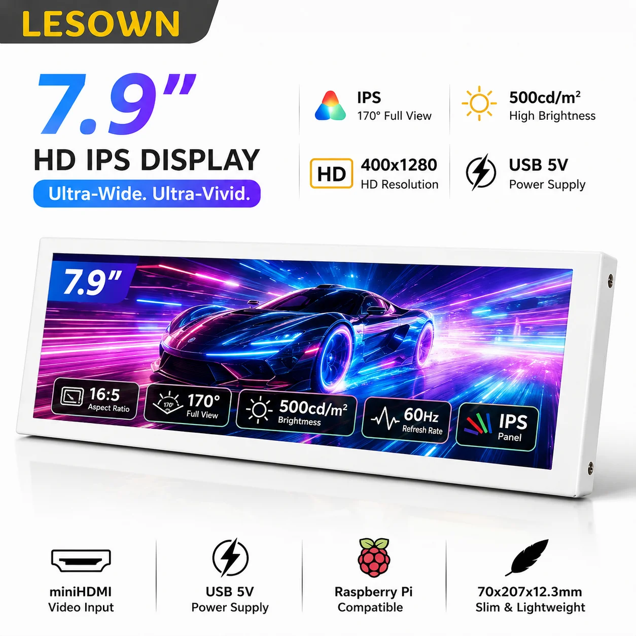 LESOWN Screen Zero Setup White 7.9 Inch Raspberry Pi DIY Screen miniHDTV 400x1280 60Hz