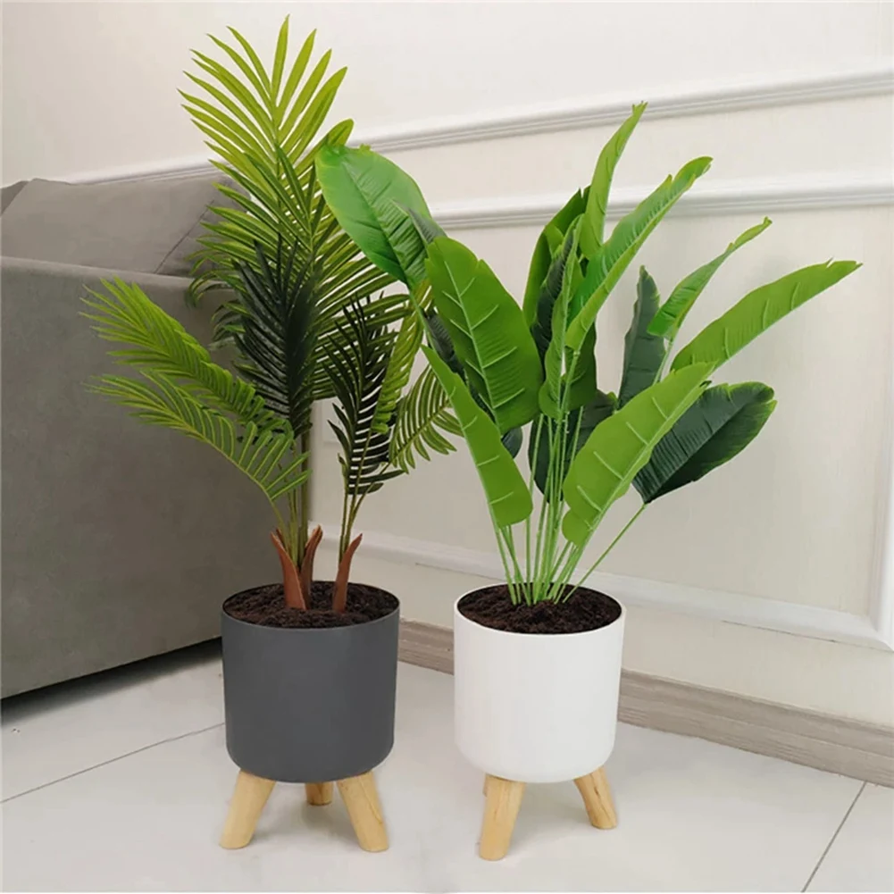 Indoor Outdoor Planter Green Plant Flower Pot with Wooden Legs Stand Floor Standing Plant Pots for Balcony Decor -White