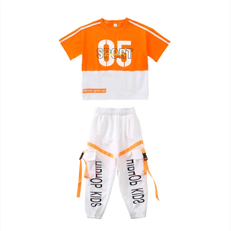 Boys Hip Hop Contrast T-shirt Cargo Pants Girls Street Dance Shorts Children Loose Streetwear Kids Jazz Costumes Clothes Sets