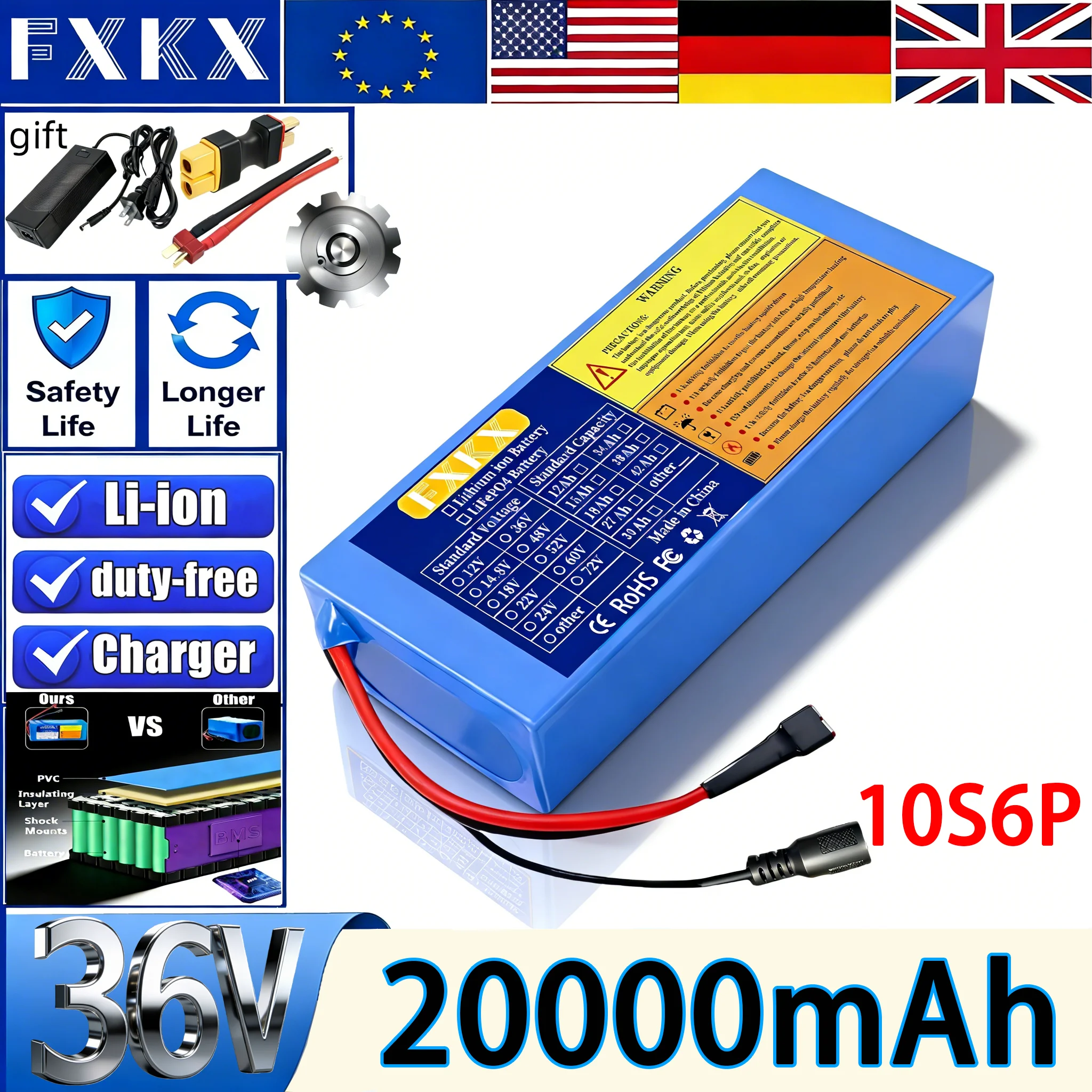 New 36V 15Ah 20Ah 30Ah 10S6P Lithium Battery Pack 500-1000W High Power for Electric Motorcycle Scooter with BMS