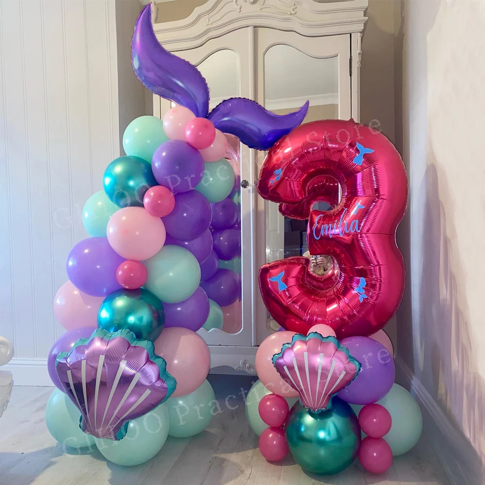 1Set New Purple Mermaid Tail Globos Under the Sea Theme Number Balloon Happy Birthday Baby Shower Party Latex Balloon Decoration