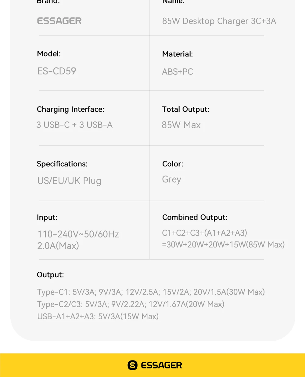 Essager 85W GaN USB Charger6in1 Desktop Fast Charge USB Type C Charger For iPhone17 16 15Pro Xiaomi Samsung Smartphone Laptop