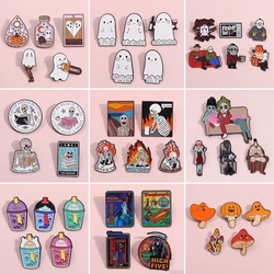 2-5Pcs Horror Enamel Brooch Sets Flame Skull Sickle Posion Mushroom Ghost Grave Book Clown Mask Killer Badge Punk Pins Jewelry