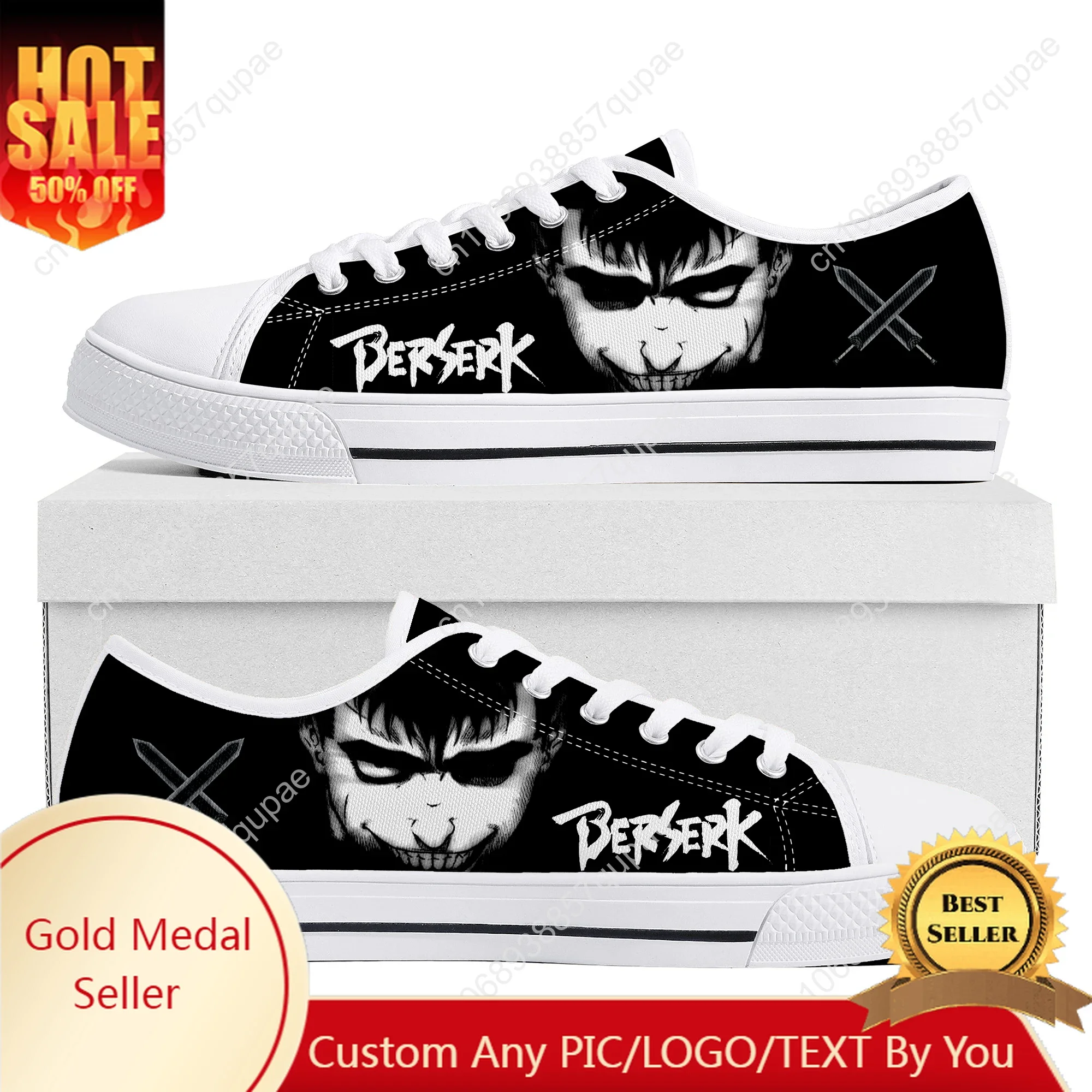 Berserk Guts Black Swordsman Low Top Sneaker Men Women Canvas High Quality Sneaker Casual Custom Made Shoes Customize DIY Shoe