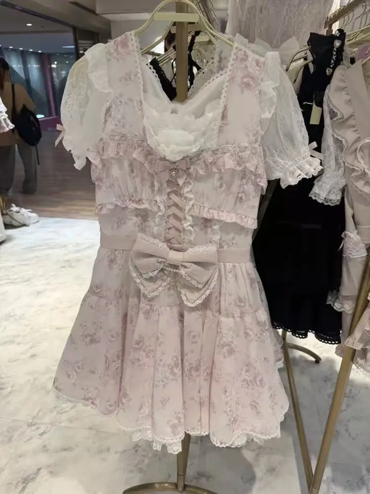 Liz Sweet Rose Ribbon Vita alta Lolita Dr Princ Gonna Nodo Stampa floreale Sle giapponese Dr