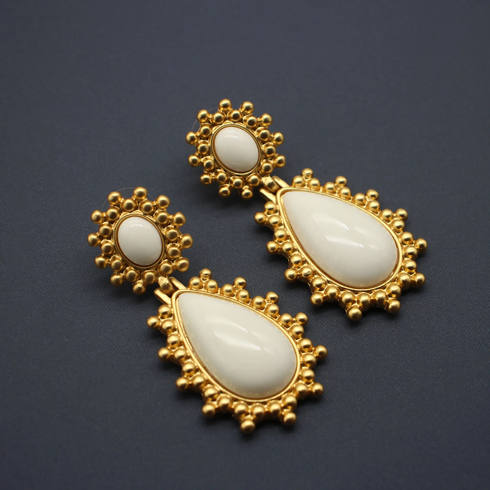 Matte Gold Electroplated Porcelain White Jelly Glass Teardrop Vintage Stud Earrings