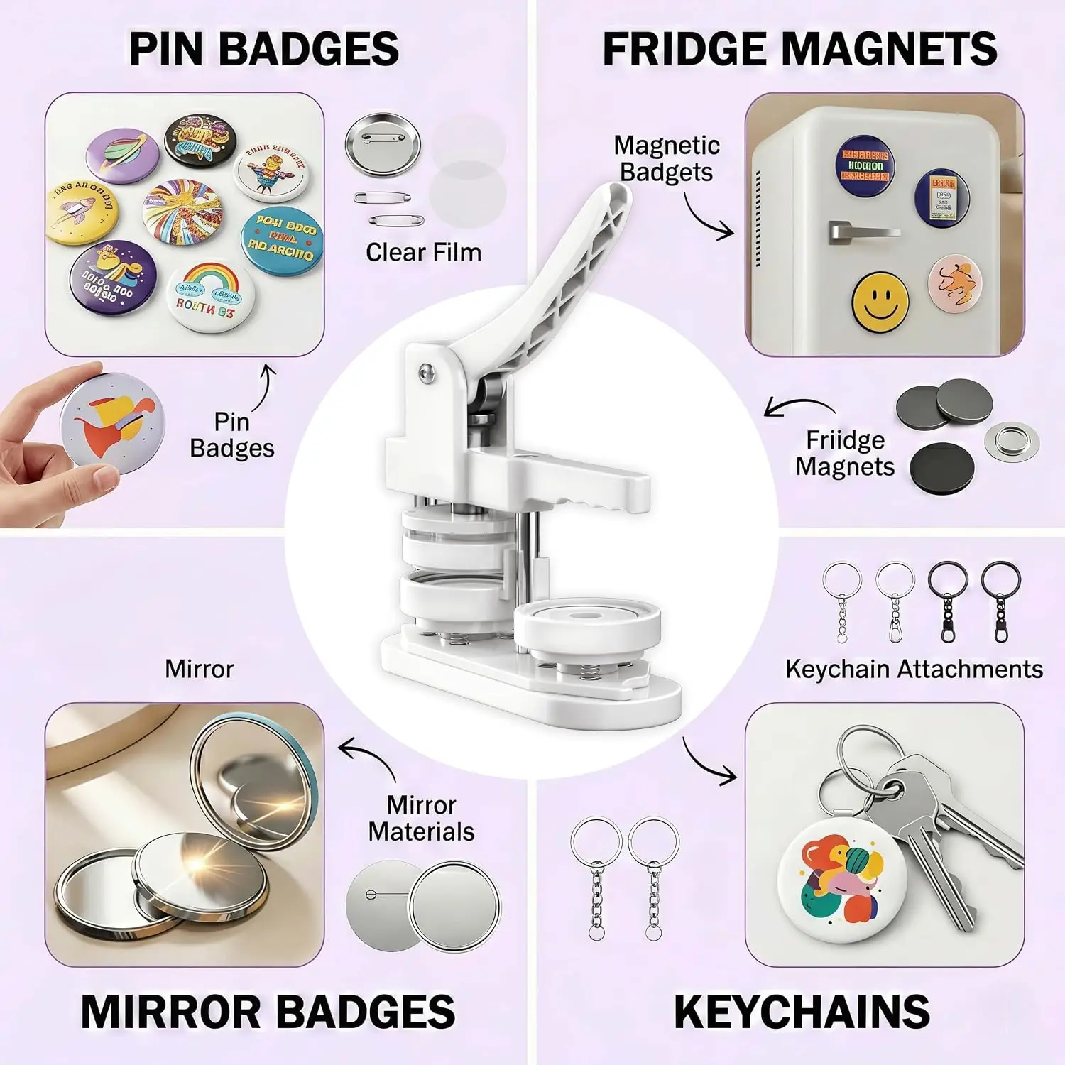 58mm Button Maker Machine Kit, Installation-Free Button Pin Maker & Pin Maker Machine with 100 Sets Supplies, Circle Cutter & Bo