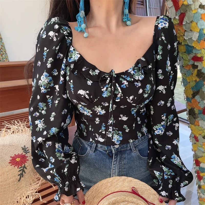 

French Style Slim Fit Shirt Spring Summer Floral Print Square Collar Lantern Sleeve Top Women's Breathable Polyester Fiber