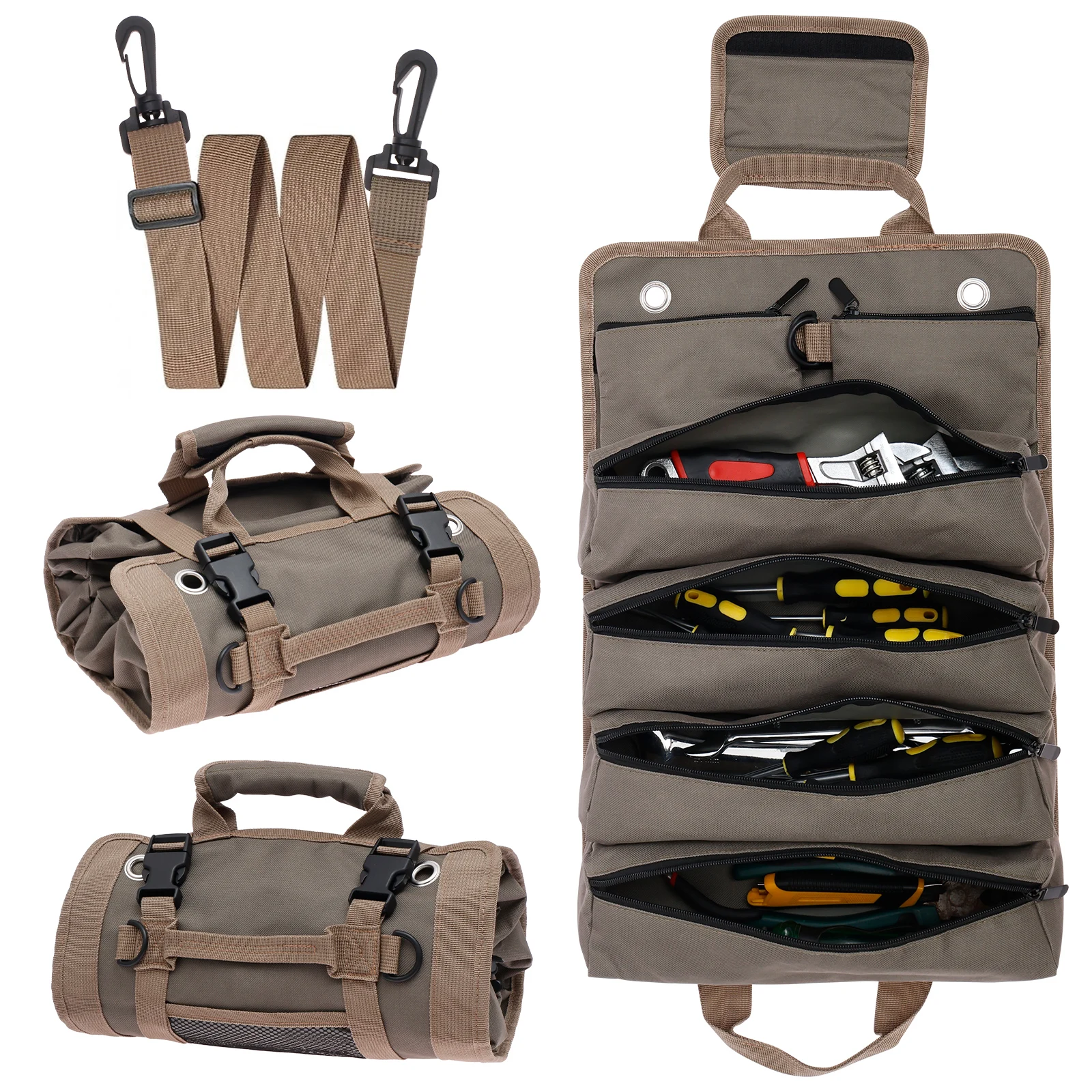 Roll Up Tool Bag Oxford Cloth Multi-pockets Tool Organiser with Carry Handle Portable Tool Wrap Storage Bag Wrench Carrier Pouch