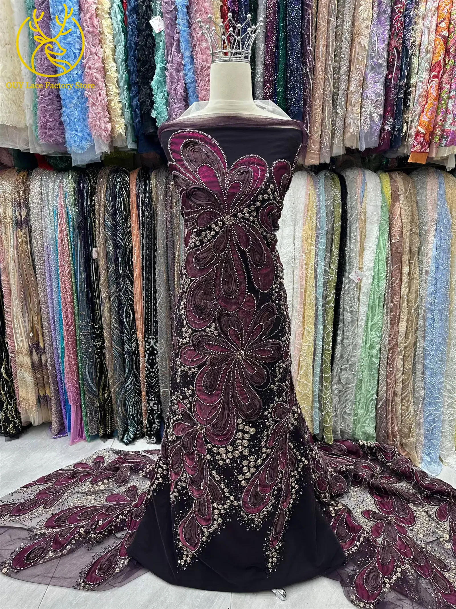 Neuer Stil Modische Afrikanische Stickerei Perlenverzierte Spitze 2026 Traubenfarbene Französische Pailletten-Spitze Nigerianische Spitze für Damen-Partykleider – Detail 5