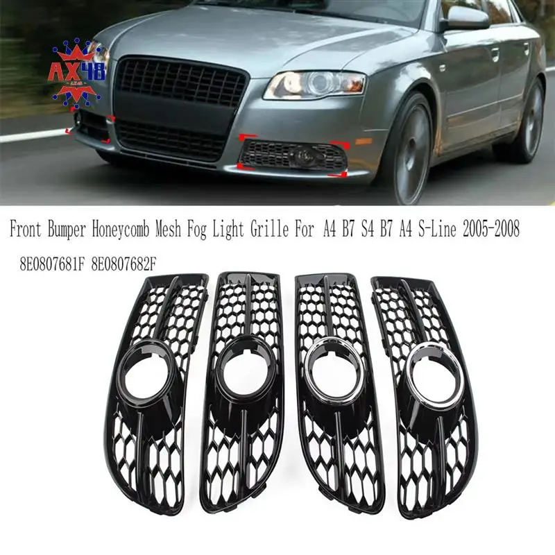 

AX48-Front Bumper Honeycomb Mesh Fog Light Grille Cover For A4 B7 S4 B7 A4 S-Line 2005-2008 8E0807681F 8E0807682F