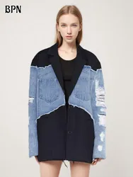 BPN Casual Patchwork Denim Blazer For Women Notched Collar Long Sleeve Hit Color Fashion Blazers Female Clothing New Style 2024