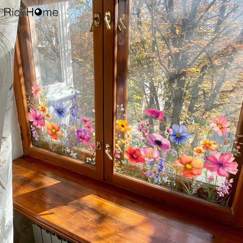 Colorful Flowers Blue Wind Chimes Electrostatic Window Stickers PVC Double-sided Glass Decorative Sticker Removeable 30*60cm