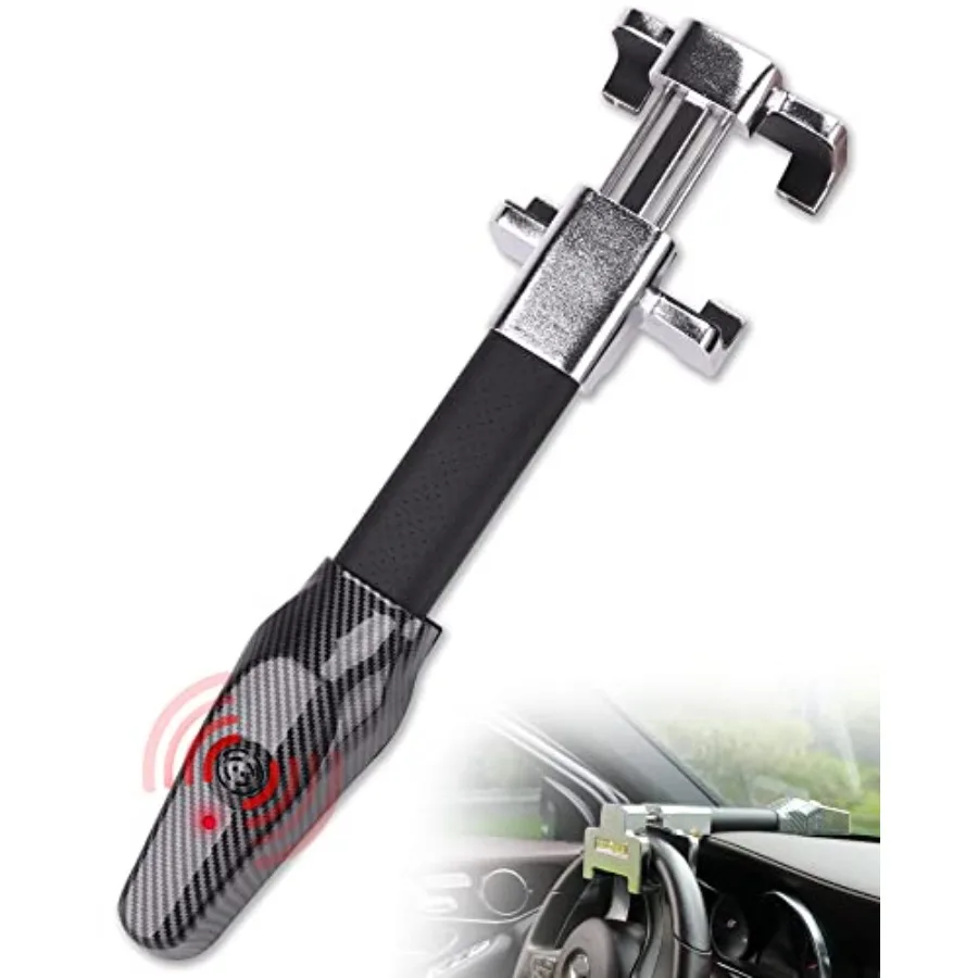 Steering Wheel Lock with Alarm for Vehicle Security, Heavy Duty Steel, Black, Universal Fit with 2 Keys and Loud Alarm