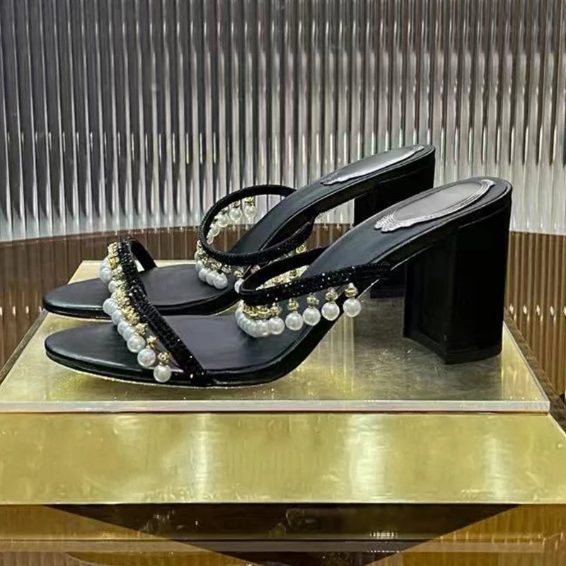 Slippers Summer Sparkling Pearl Pendant Chunky High Heels Women Real Leather Narrow Band Lazy Sandals Women Party Dress Shoes view 2