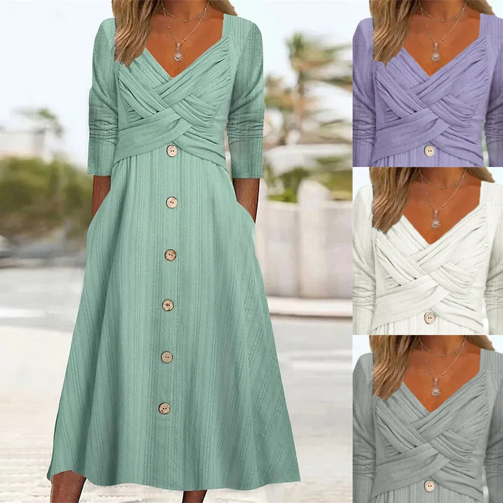

Women's Elegant Dresses Solid Color Long Sleeved Sexy V-neck Cross Button Casual Comfortable Loose Midi Dress Long Skirts